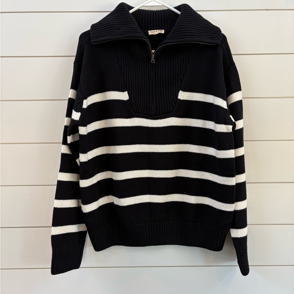 Aaron & Amber Black & White Striped Zip-Front Sweater